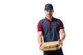 portrait of young delivery man with cardboard pizza boxes