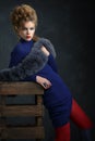 Portrait young elegant woman in blue dress and fur collar Royalty Free Stock Photo