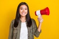 Portrait of young employer japanese businesswoman influencer boss hold megaphone announcement meeting begin isolated on