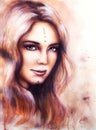 Portrait of a young enchanting woman face with long wavy hair and a hint of woodland fairy wisdom sparkling in her eyes.