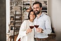 Portrait of young european couple drinking wine from glasses while having romantic dinner at home Royalty Free Stock Photo