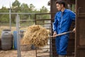 Portrait of young farmer in uniform working on his farm clearing straw from the barn with a sickle Royalty Free Stock Photo