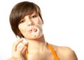 Portrait of a young female blowing soap bubbles Royalty Free Stock Photo