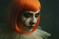 Portrait of young female with clown make-up. Halloween style. Pennywise faceart