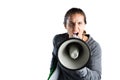 Portrait of young female coach announcing on megaphone