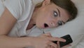 Portrait of Young Female Feeling Shocked using Smartphone in Bed