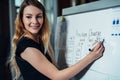 Portrait of young female leader writing on whiteboard explaining new strategies during the conference in an office Royalty Free Stock Photo