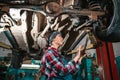 Portrait of a young female mechanic in uniform, who conducts a technical inspection of the car. The car is on the lift