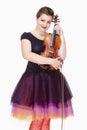 Portrait of Young Female Violin Player in Colorful Skirt Royalty Free Stock Photo