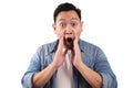 Portrait of young funny Asian man, gesturing shocked or surprised expression with mouth open Royalty Free Stock Photo