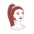 Portrait of a young girl. The face of a stylish abstract woman with a fashionable hairstyle. Dark hair gathered in a ponytail.