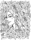 Portrait of a young girl in a frame of flowers. - antistress floral adult coloring book page with peonies