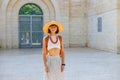 portrait of a young girl in a hat and beads. Fashionable accessories