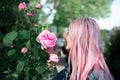 Portrait of young girl with pink hair sniffing rose flower.