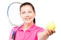 Portrait of a young girl playing tennis on a white background Royalty Free Stock Photo
