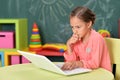 Portrait of girl studing with laptop at classroom Royalty Free Stock Photo