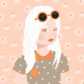Portrait of a young girl with white hair and sunglasses, in dotted shirt, on pink background with daisies, flat vector