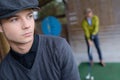 Portrait young golfer focusing Royalty Free Stock Photo