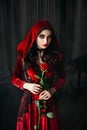gothic woman. velvet dress hood. Loose wavy hair. Black necklace. Rose in hands Royalty Free Stock Photo