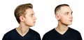 Portrait of young guy before arter haircut caesar and pompadour in profile fade side, isolated on a white background Royalty Free Stock Photo