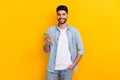 Portrait of young guy business communicating employee distant work directly looking camera isolated on bright yellow