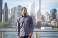 Portrait of young handsome African American man with NYC skyline Royalty Free Stock Photo