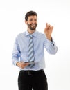 Portrait of a young handsome and confident businessman pointing as touching virtual screen Royalty Free Stock Photo