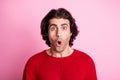 Portrait of young handsome shocked amazed surprised stunned man hear bad news isolated on pink color background Royalty Free Stock Photo
