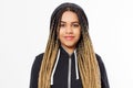 Portrait of a young happy black woman in a sweatshirt isolated on white background,hipster