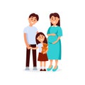 Portrait of young happy family father, mother and daughter. Pregnant woman. Cartoon people expecting baby born. Little Royalty Free Stock Photo