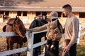 Portrait of a Young happy family having fun at countryside outdoors. Summertime. Family feeding Horses on the meadow Royalty Free Stock Photo