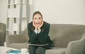 Portrait of young happy smiling businesswoman accountant in formal wear at office work place. Successful female manager Royalty Free Stock Photo