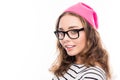 Portrait of young hipster girl in glasses and pink hat Royalty Free Stock Photo