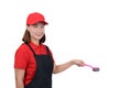 Portrait of young housekeeper smiling in red uniform with apron hand holding Scrub brush isolated on white backround