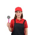 Portrait of young housekeeper smiling in red uniform with apron hand holding Scrub brush isolated on white backround