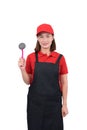 Portrait of young housekeeper smiling in red uniform with apron hand holding Scrub brush isolated on white backround