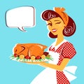 Housewife portrait and roasted chicken on plate Royalty Free Stock Photo