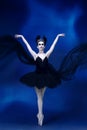 Portrait of young incredibly beautiful woman, ballerina in black ballet outfit, tutu dancing at blue studio full of