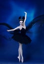 Portrait of young incredibly beautiful woman, ballerina in black ballet outfit, tutu dancing at blue studio full of Royalty Free Stock Photo