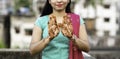 Portrait of a young Indian woman in casual style with mehendi or henna design on the both hands Royalty Free Stock Photo