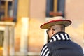 Portrait of young Italian, Venetian gondolier in typical clothes