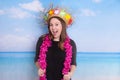 Portrait of young lady photo booth props beach ocean theme