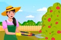 Portrait of woman gardener using secateurs in the garden cutting rose bushes, cartoon character