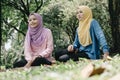 Portrait of young lovely pleasant mix ethnic woman sitting on grass at summer green park and having a discussion Royalty Free Stock Photo