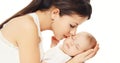 Portrait of young loving mother kissing her baby on a white Royalty Free Stock Photo