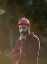 Lumberjack with beard and helmet