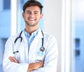 Portrait of a young male doctor in healthcare internship opportunity, career and happy hospital service. Face or