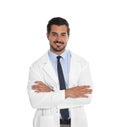 Portrait of young male doctor on white background. Medical