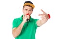 Portrait of young male hip hopper singing in studio isolated on Royalty Free Stock Photo