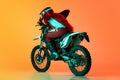 Portrait of young man, biker in full equipments riding motorbike isolated over orange studio background in neon light